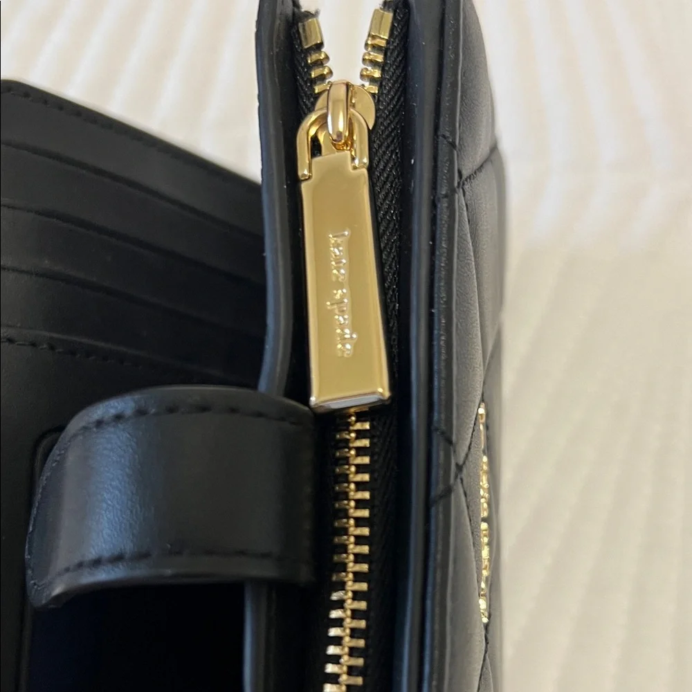kate spade Quilted Black Leather Compact Wallet with Gold Logo - Picture 7 of 9